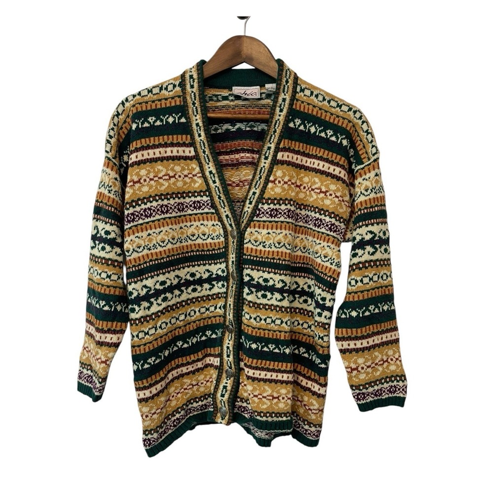 Women's Vintage Nordic Button Up Cardigan Size M Fair Isle Grandpa Academia